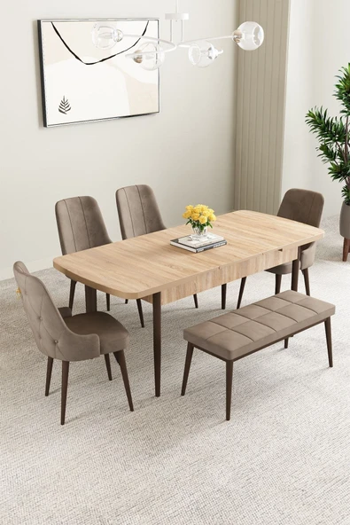 Mabel Meşe Desen 80x132 Açılabilir Yemek Odası Takımı 4 Sandalye, 1 Bench Cappucino - 2