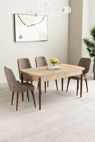 Mabel Meşe Desen 80x132 Açılabilir Mdf Masa Yemek Odası Takımı, Mutfak Takımı 4 Adet Sandalye Cappucino - 1