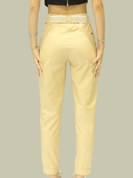 Kadın Bej Suni Deri Pantolon - Yüksek Bel, Cepli, Likralı ve Deri Görünümlü Pantolon Tayt - Resim 4