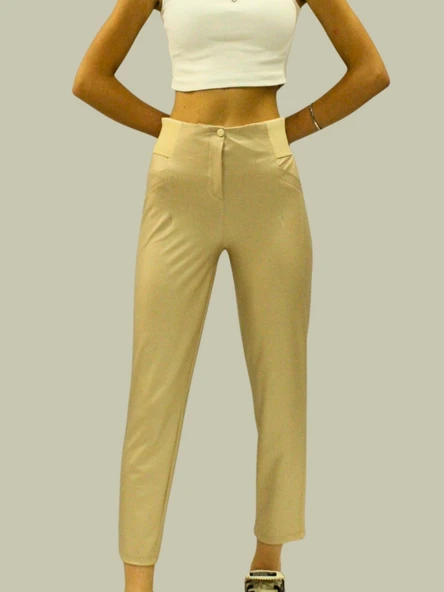 Kadın Yüksek Bel Suni Deri Pantolon – Toparlayıcı Slim Fit | Bej | Esnek ve Şık Tasarım ürün görseli