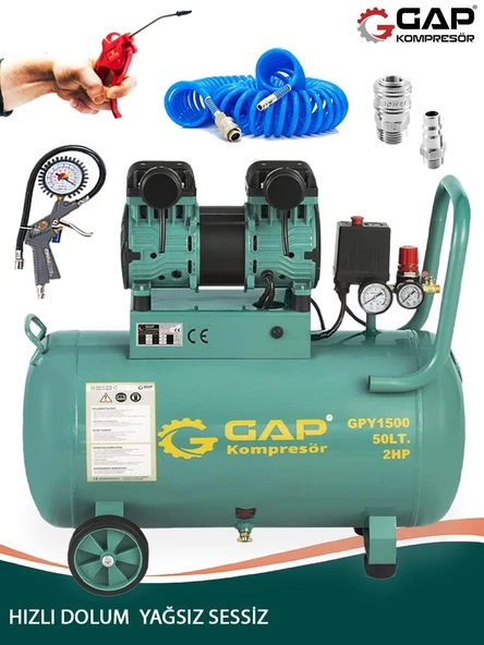 Germany Stle GP 50 Litre Sessiz Yağsız Hızlı Dolum 2 HP Kompresör Lastik Şişirme Hava Hortumu Setli - 2