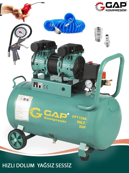 Germany Stle GP 50 Litre Sessiz Yağsız Hızlı Dolum 2 HP Kompresör Lastik Şişirme Hava Hortumu Setli