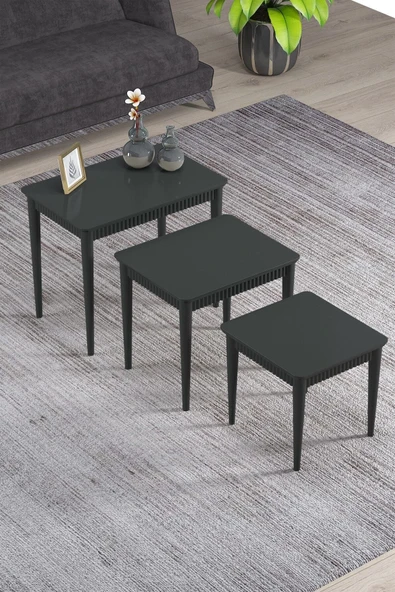 Elegance Antrasit Mdf Lake Boyalı Tabla Gürgen Ayak 3 Lü Zigon Sehpa Takımı Çay Sehpası Servis Sehpa Antrasit - 3