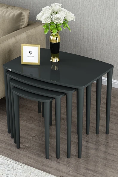 Alyona Serisi Mdf Lake Boyalı Tabla Gürgen Ayaklı 4 Lü Zigon Sehpa Takımı Çay Sehpası Servis Sehpası Antrasit