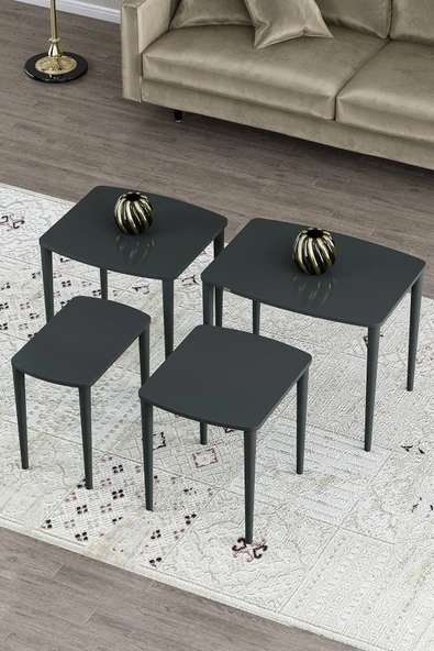 Alyona Serisi Mdf Lake Boyalı Tabla Gürgen Ayaklı 4 Lü Zigon Sehpa Takımı Çay Sehpası Servis Sehpası Antrasit - 3