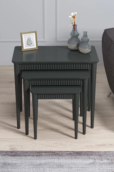 Elegance Antrasit Mdf Lake Boyalı Tabla Gürgen Ayak 3 Lü Zigon Sehpa Takımı Çay Sehpası Servis Sehpa Antrasit