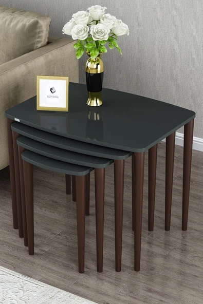 Alyona Serisi Mdf Lake Boyalı Tabla Gürgen Ayaklı 4 Lü Zigon Sehpa Takımı Çay Sehpası Servis Sehpası Ceviz