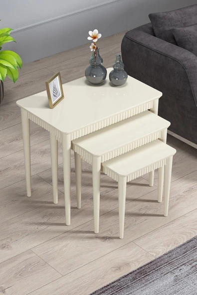 Elegance Krem Mdf Lake Boyalı Tabla Gürgen Ayaklı 3 Lü Zigon Sehpa Takımı Çay Sehpası Servis Sehpası Krem - 2