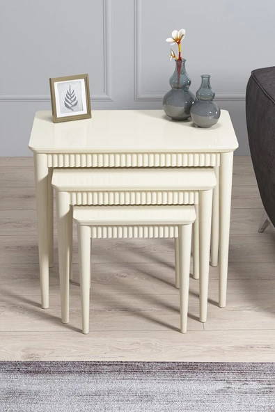 Elegance Krem Mdf Lake Boyalı Tabla Gürgen Ayaklı 3 Lü Zigon Sehpa Takımı Çay Sehpası Servis Sehpası Krem