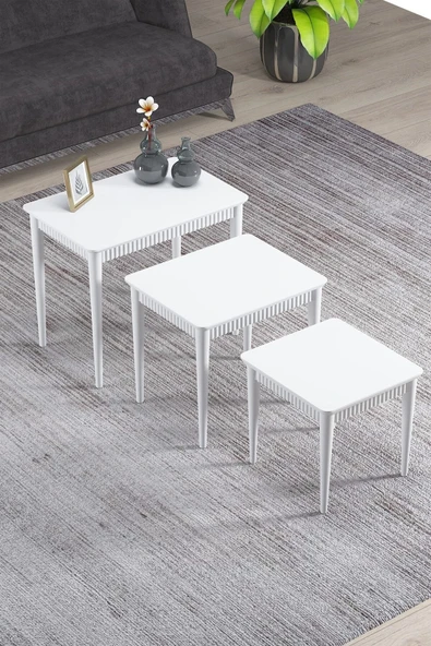Elegance Beyaz Mdf Lake Boyalı Tabla Gürgen Ayaklı 3 Lü Zigon Sehpa Takımı Çay Sehpası Servis Sehpa Beyaz - 3