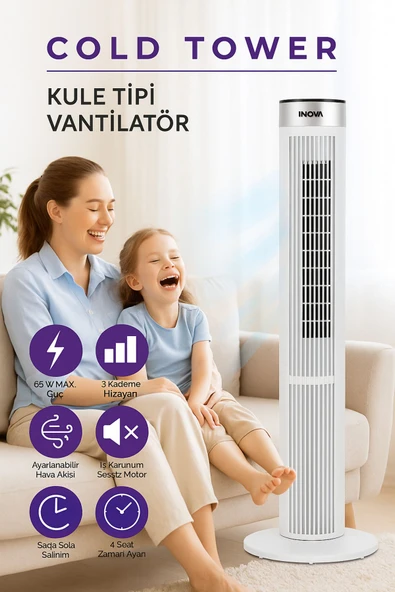 İnova Cold Tower Kule Tipi Büyük Boy 65 Watt Kumandalı Serinletici Vantilatör - Resim 4