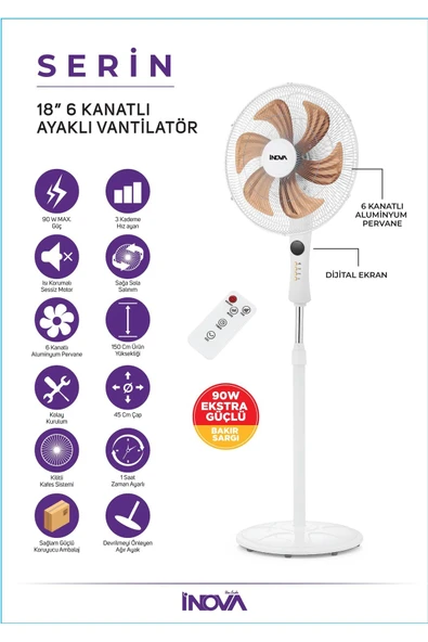 İnova Serin Uzaktan Kumandalı 18 Inç 45 Cm 90 Watt 6 Metal Pervane - Resim 2