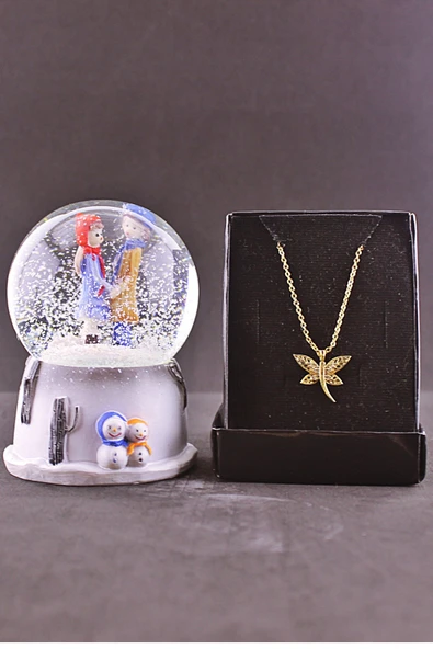 Sevgiliye El Ele Tutuşan Aşıklar Kar Küresi 9 cm ve Zirkon Taş Kolye Set - Resim 2