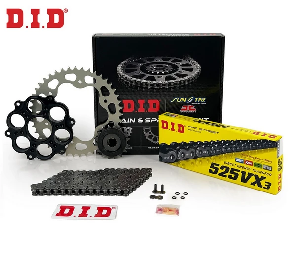 ZİNCİR DİŞLİ SETİ DUCATI HYPERMOTARD 796cc ZİNCİR: DID-525VX3 Çelik-104 ÖN DİŞLİ: JT 15T ARKA DİŞLİ: SUNSTAR 41T 2010-2012 ürün görseli