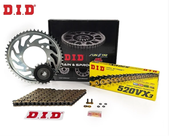 ZİNCİR DİŞLİ SETİ YAMAHA XV VIRAGO 250cc ZİNCİR: DID-520VX3 Gold-114 ÖN DİŞLİ: JT 16T ARKA DİŞLİ: SUNSTAR 45T 1995-2007 ürün görseli