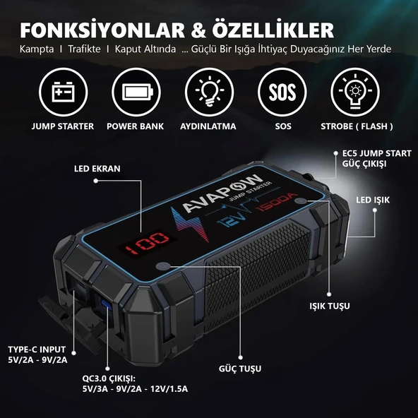 Avapow A9 29.6WH/8000MAH 1500A Jump Starter Taşınabilir Akü Takviye Kiti (Powerbank + LCD + LED Işık) - 6
