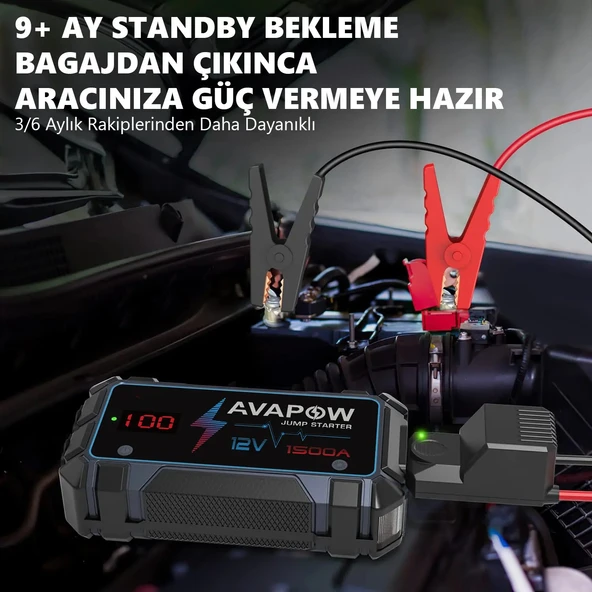 Avapow A9 29.6WH/8000MAH 1500A Jump Starter Taşınabilir Akü Takviye Kiti (Powerbank + LCD + LED Işık) - 2