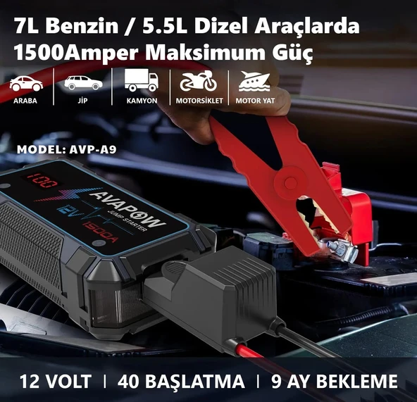 Avapow A9 29.6WH/8000MAH 1500A Jump Starter Taşınabilir Akü Takviye Kiti (Powerbank + LCD + LED Işık) - 7