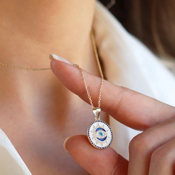 Göz Renkli Mineli Gümüş Kolye - Resim 3