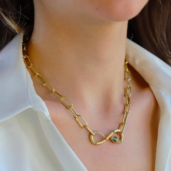 Yılan Sonsuzluk Modeli Gold Kaplama Zirkon Taşlı Set - Resim 3