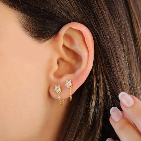 Çiçek Zincirli Gold Gümüş Küpe - Resim 3