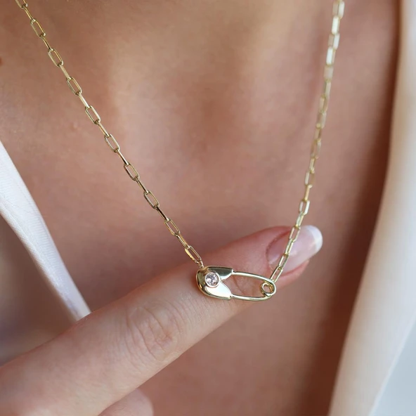 Çengelli İğne Trend Gold Gümüş Kolye - Resim 4