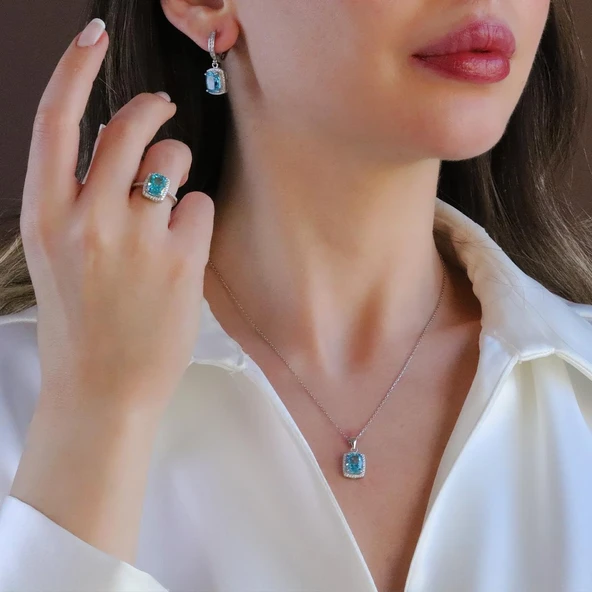 Mavi Icecut Taşlı Gümüş Set ürün görseli