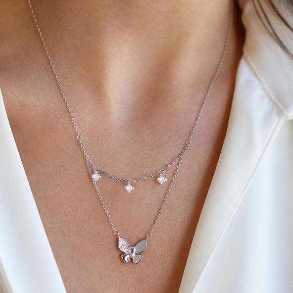 Kelebek İkili Zirkon Taşlı Gümüş Kolye - Resim 6