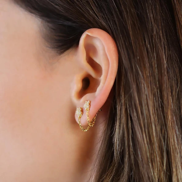 Çiçek Zincirli Gold Gümüş Küpe - Resim 2