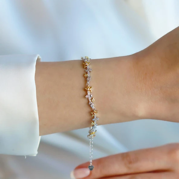 Yıldız Taşlı Gold Gümüş Bileklik - Resim 3