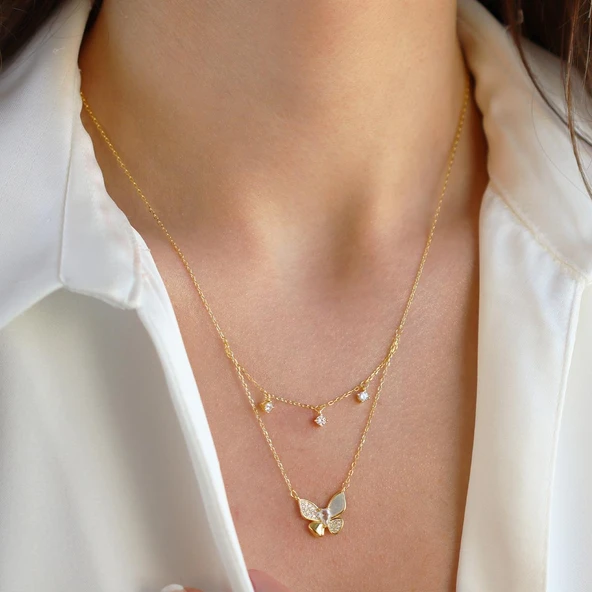 Kelebek İkili Zirkon Taşlı Gümüş Kolye - Resim 2