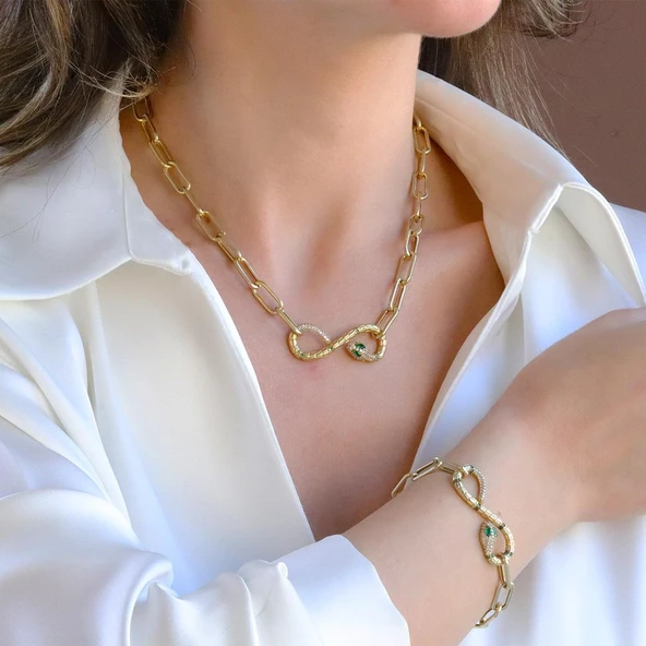 Yılan Sonsuzluk Modeli Gold Kaplama Zirkon Taşlı Set ürün görseli 1