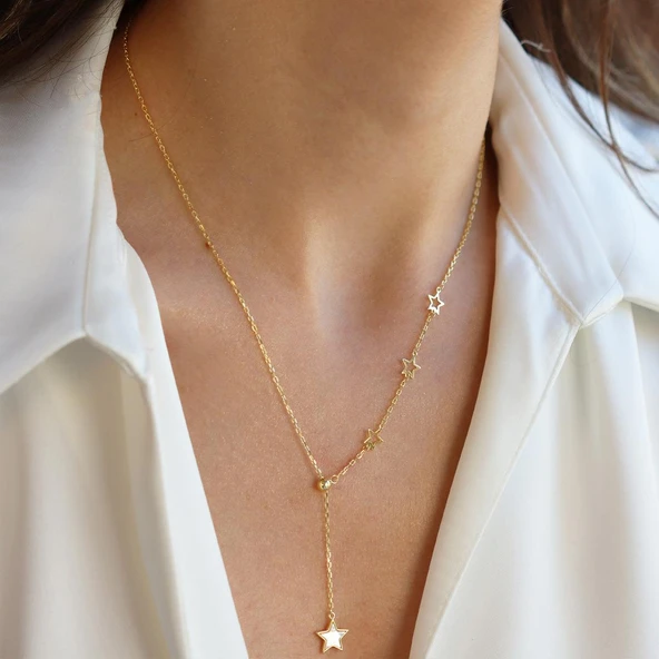 Sıralı Yıldızlı Gold Gümüş Kolye - Resim 3