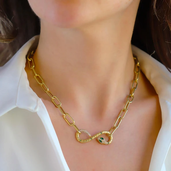Yılan Sonsuzluk Modeli Gold Kaplama Zirkon Taşlı Set - Resim 2