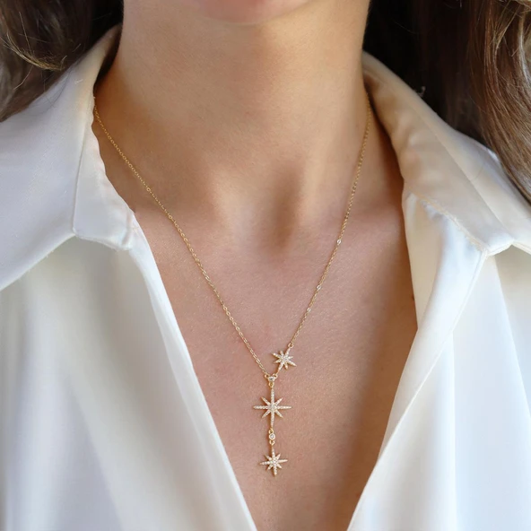 Kutup Yıldızı Zirkon Taşlı Gold Gümüş Kolye ürün görseli 1