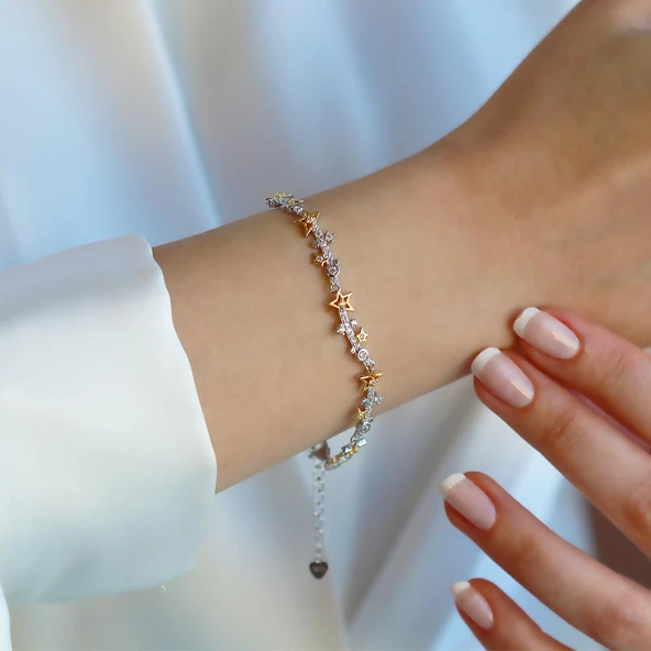 Yıldız Taşlı Gold Gümüş Bileklik - Resim 2