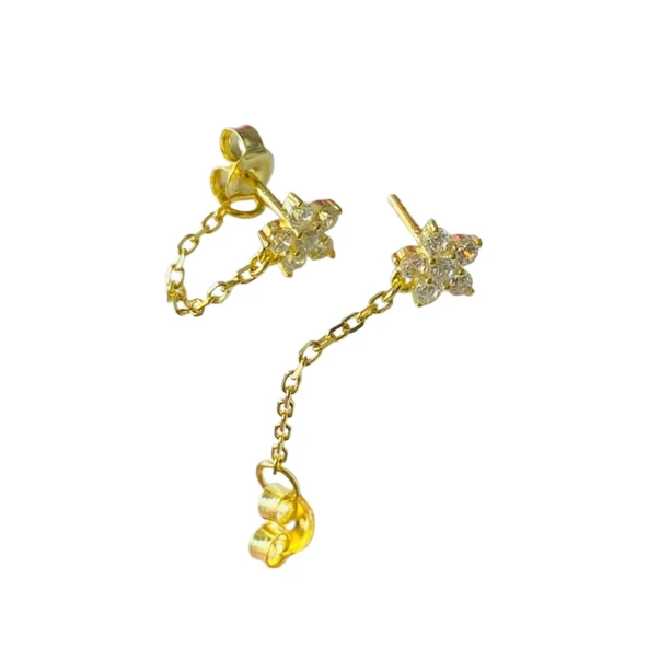 Çiçek Zincirli Gold Gümüş Küpe - Resim 4