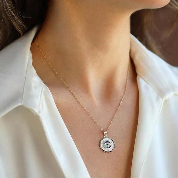 Göz Renkli Mineli Gümüş Kolye - Resim 2