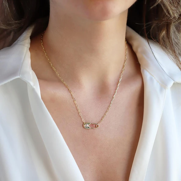 Çengelli İğne Trend Gold Gümüş Kolye - Resim 2