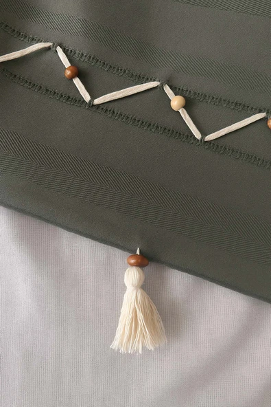 Rivaİstanbul Luna Haki Boncuklu Püsküllü %100 Pamuklu Tek Kişilik Yatak Örtüsü Takımı - Resim 5