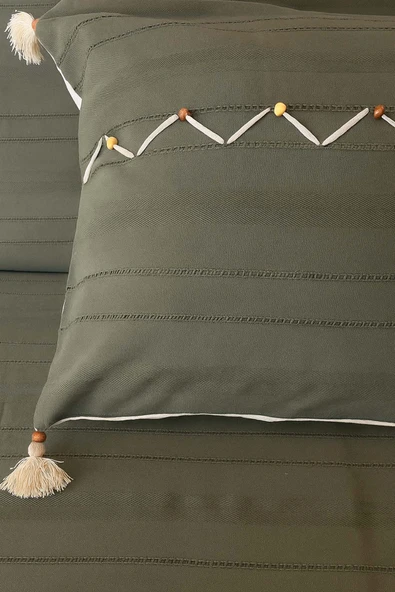 Rivaİstanbul Luna Haki Boncuklu Püsküllü %100 Pamuklu Tek Kişilik Yatak Örtüsü Takımı - Resim 4