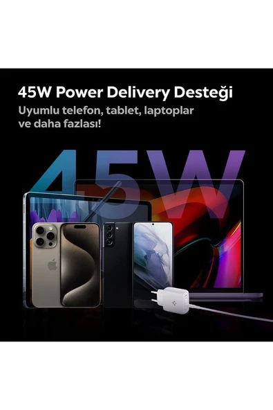 45W GaN USB-C Adaptör + USB-C Örgü Şarj Kablo - Super Hızlı Şarj Type-C PE2015 White - ACH02589 - 3