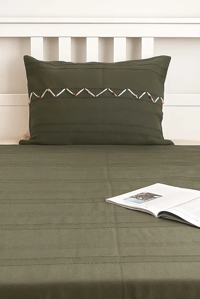 Rivaİstanbul Luna Haki Boncuklu Püsküllü %100 Pamuklu Tek Kişilik Yatak Örtüsü Takımı - Resim 2