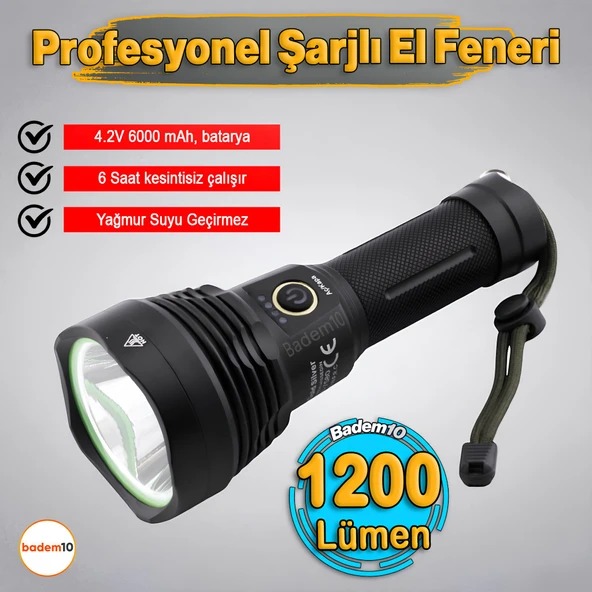El Feneri 1200 Lümen Uzun Menzil 20W 6000 mAh Şarjlı Powerbank Ledli Işık Lambası Su Geçirmez Kamp ürün görseli