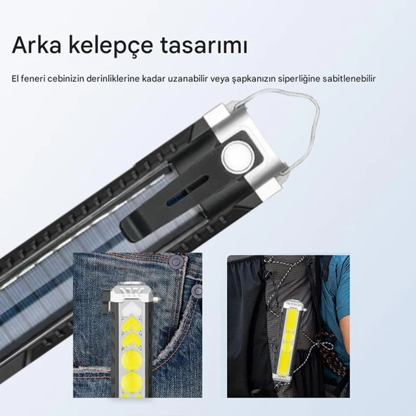 El Feneri Güneş Enerjli Ledli 15W Şarjlı Mıknatıslı Askılı Kamp Taktik El Feneri Su Geçirmez - Resim 2