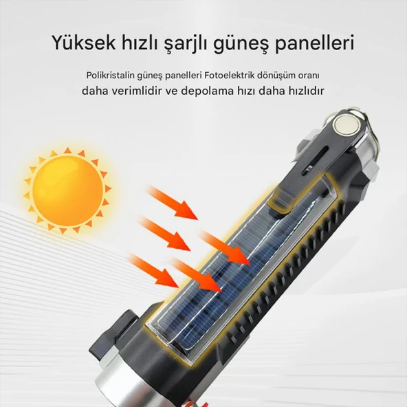 El Feneri Güneş Enerjli Ledli 15W Şarjlı Mıknatıslı Askılı Kamp Taktik El Feneri Su Geçirmez - Resim 6