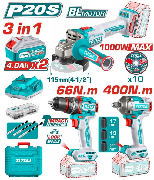 Total Akülü Set 3'lü - Darbeli Matkap + Avuç Taşlama + Somun Sıkma + 2x4 Ah Set TOSLI241291E ürün görseli
