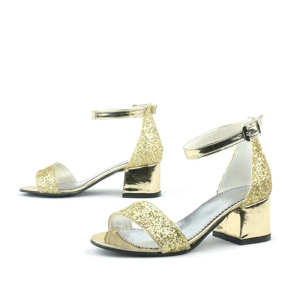 Elsa Altın Simli Kalın Topuklu Kız Çocuk Abiye Ayakkabı - Resim 6