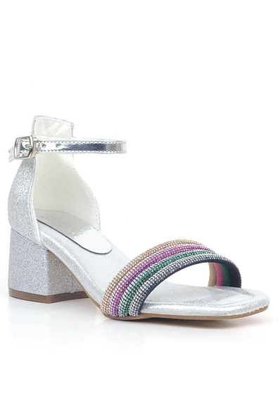 Tiara Renkli Taşlı Gümüş Kız Çocuk Abiye Topuklu Ayakkabı ürün görseli