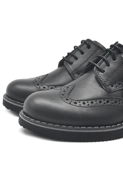Rakerplus Hakiki Deri Bağcıklı Siyah Erkek Çocuk Klasik Okul Ayakkabı - 5